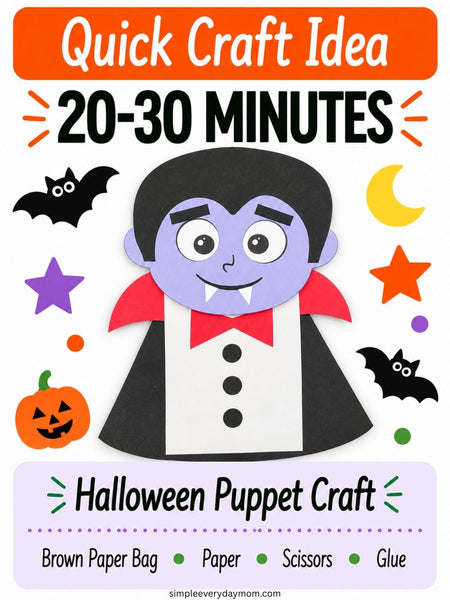 Halloween vampire paper bag puppet craft with purple face, black cape, red collar, and fangs, surrounded by bats, a pumpkin, stars, and a moon; text says it takes 20–30 minutes.