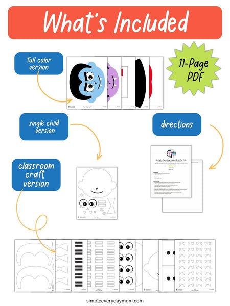 An informational graphic titled 'What's Included' showing printable craft sheet previews for a vampire face craft, including full color version, single child version, classroom craft version, and directions. A green starburst says '11-Page PDF.