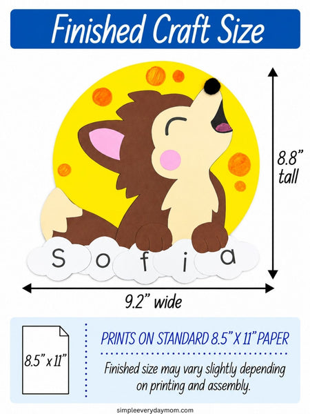 Illustration of a brown and cream paper werewolf howling against a yellow moon, with the name “Sofia” spelled across white clouds below. The finished craft measures approximately 8.8 inches tall by 9.2 inches wide, prints on standard 8.5-by-11-inch paper, and may vary slightly in size.