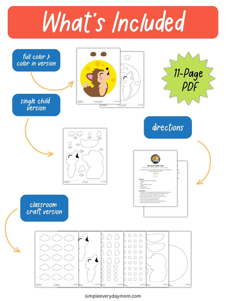 Infographic showing the contents of an 11-page werewolf name craft PDF, including full-color and coloring templates, a single-child version, classroom craft templates, and instructions. Preview pages display werewolf shapes, clouds, facial features, and other printable pieces for assembling the craft.