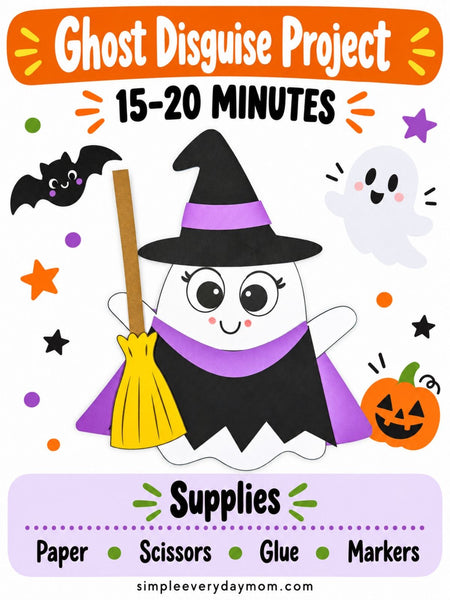 Witch ghost disguise project infographic showing a white ghost dressed in a black and purple witch costume with a pointed hat and yellow broom. Includes a 15–20 minute completion time and supplies: paper, scissors, glue, and markers.