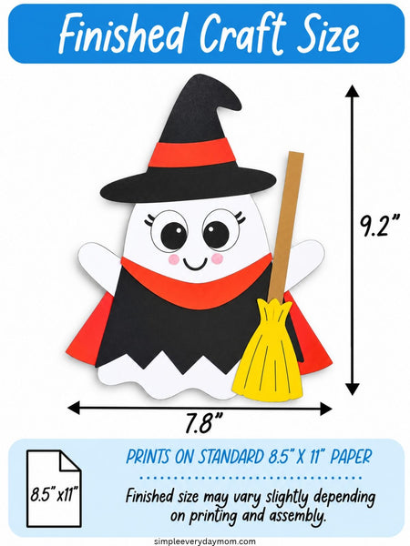 Finished witch ghost disguise craft featuring a white ghost wearing a black witch hat with a red band, a black and red costume, and holding a yellow broom. The completed Halloween paper craft measures 7.8 inches wide by 9.2 inches tall.