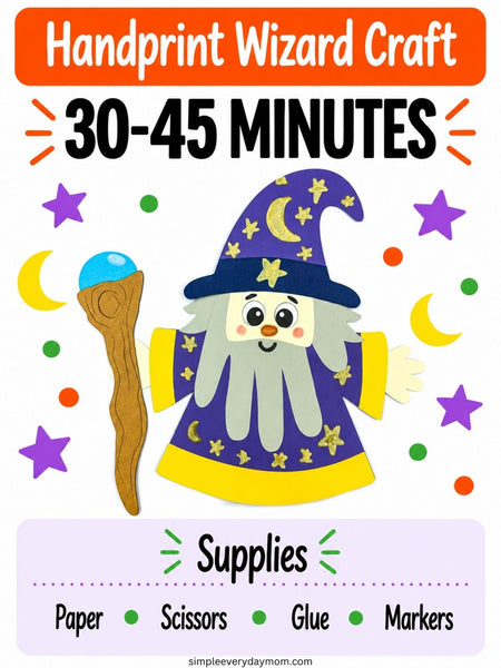 Handprint wizard craft featuring a purple star-and-moon hat and robe, gray beard, and wooden staff, with an estimated completion time of 30–45 minutes. Supplies listed are paper, scissors, glue, and markers.