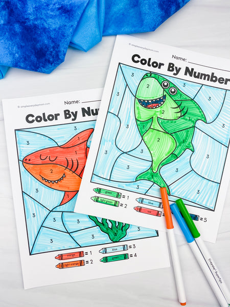 2 shark color by number pages