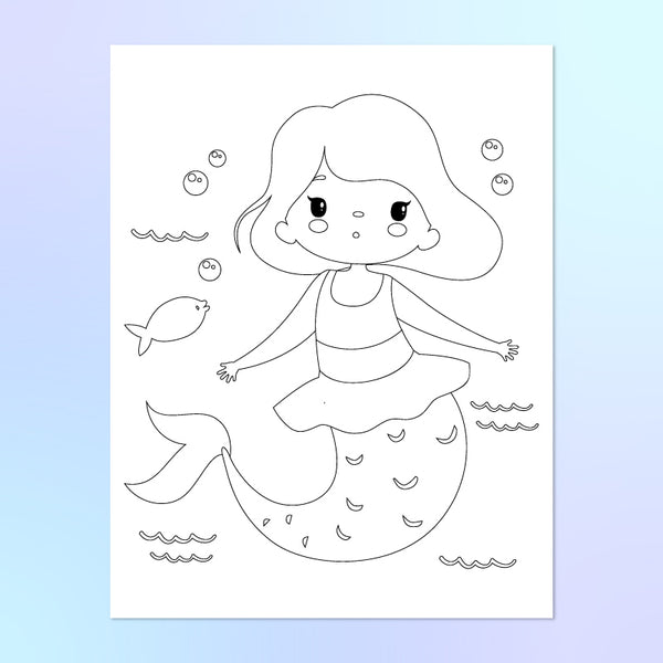 child mermaid coloring page with fish 