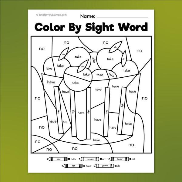 barrel of apples color by sight word worksheet