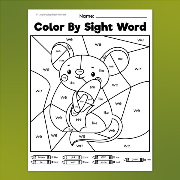 mouse color by sight word worksheet